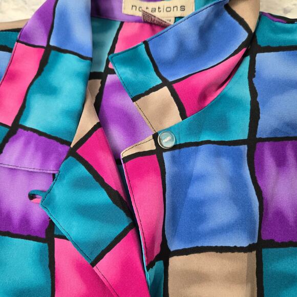 VTG Notations Blouse Shacket Multicolored Liquid Checkered Button Front Size Lrg - Picture 11 of 15